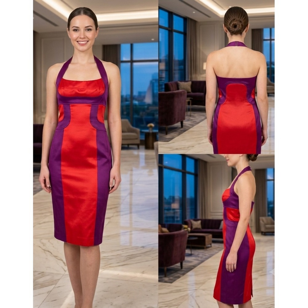 Vintage Karen Millen Pencil Dress Womens‎ 6 Red Purple Colorblock Halter Neck
